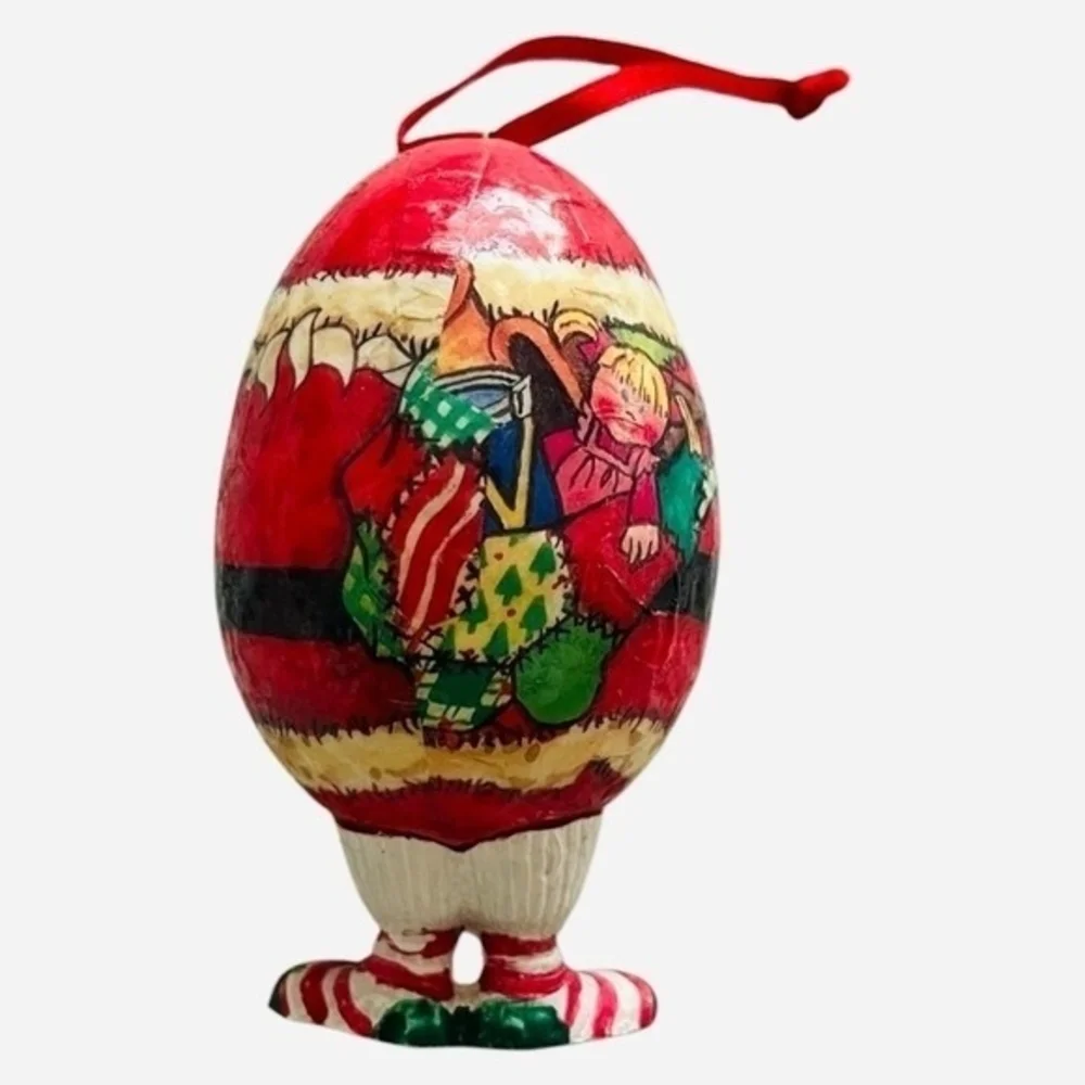 Vintage Multicolor Paper Mache Santa Claus Decoupage Christmas Ornament 3.5”
